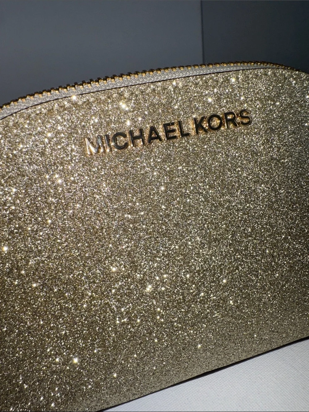 Michael Kors Gold Glitter Cosmetic Case Domed Travel Makeup Pouch Bag